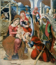 Klanění tří králů. Panel, část demontovaného retabla kostela Santa Maria degli Angeli v Bortigali, Sardinie
