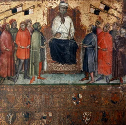Alegorie vlády města Siena obklopené občany, kteří jsou s ní symbolicky spojeni provazem Anonymní malba na dřevě Biccherna (obálka účetního rejstříku města Siena) 1385. Siena Archivio di Stato, Itálie