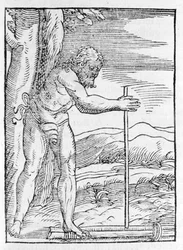 Indián Tainos zapaluje oheň třením dvou kusů dřeva. Rytina z „“ Navigationi and Viaggi““ od Giovanniho Battisty Ramusia (1485-1557), sv. III, Benátky 1565.