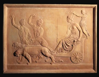Italský terakotový reliéfní panel zobrazující Triumf Ariadny, zobrazený ve voze taženém panterem Bacchus, na němž se dívá Silenus a Pan, kolem roku 1870