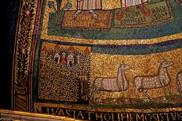 Detail apsidy, Jeruzalém a ovce (mozaika)