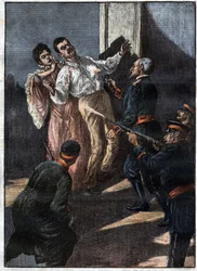 Atentát na krále a královnu Srbska (král Alexander Obrenovich a královna Draga Masshin, oběti spiknutí Karageorgevichů) červen 1903. „La Tribuna Illustrata“ z června 1903.