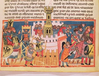 Útok na pevnost z „Le Vite di Dodici Cesari“ od Gaia Suetonius Tranquillus (cca 75-150) (na pergamenu)