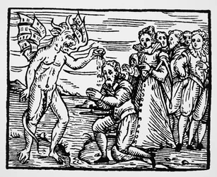 Baptism by the Devil, kopie ilustrace z Compendium Maleficarum od P. M. Guaccius, Milán 1608, použité v Historii magie, vydané koncem 19. století