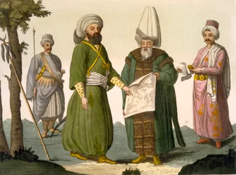 Paša (vojenský velitel), paša v bojovém oděvu, pašaův tělesný strážce a páže, deska 18 z části III, svazku I Dějin národů, vyryl D. K. Bonatti