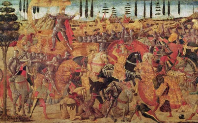 Bitva mezi Dariem (399-330 př.nl) a Alexandrem Velikým (356-323 př.nl) (olej na panelu)
