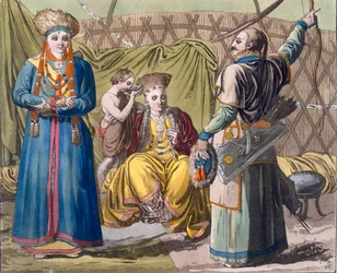Burjatská rodina v interiéru, z Costume dei... Giulio Ferrario, cca 1820-30s (ručně kolorované lito)