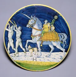 C.86-1927 Miska zobrazující Caesarova koně z triumfu Caesara, připisovaného Jacopovi di Pietro, Italovi, z Caffaggiolo