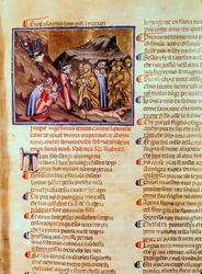 Canto XXIII Dante a Virgil v kruhu pokrytců, s Kaifášem ukřižovaným na zemi, z Božské komedie (Peklo), kolem roku 1313