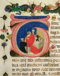 Slavení eucharistie, z Mariegoly laického cechu sv. Jeronýma, kolem 1400 (inkoust a zlatý list na pergamenu)