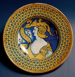 Keramický talíř zdobený vyobrazením Scipiona Africana (185-129 př. n. l.), vyrobený v Derutě v Itálii. Kolem roku 1520. Florencie, Museo Nazionale del Bargello