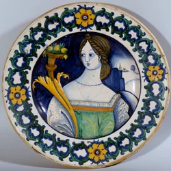 Keramický talíř Deruta decoree s portrétem ženy. Kolem roku 1510 Sevres. Výroba porcelánu
