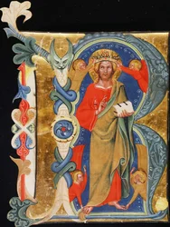 Kristus Vykupitel - Iniciála R z velkoformátového iluminovaného rukopisu, kolem 1380