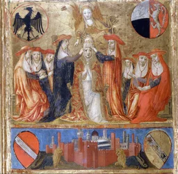 Korunovace Pia II. (Enea Silvio Piccolomini) (1405 až 1464). Italský papež (1458 - 1464). Dole se nachází opevněné město Siena. Biccherna (deska účetního registru města Siena) z roku 1460. Národní archiv - Museo delle Tavolette di Biccherna