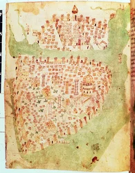 Cotton Vespasian A. XIII, f.36v: Mapa Konstantinopole, kolem 1450 (vellum)