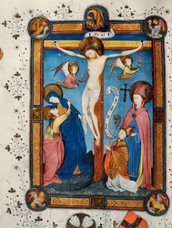 Ukřižování, ilustrace z misálu Mistra Pancratina, c. 1430 (vellum)