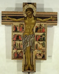 Ukřižování s příběhy o umučení, škola Lucca (tempera na panelu)