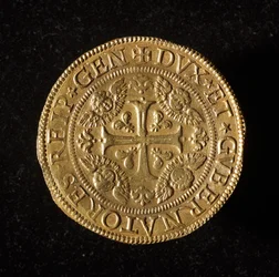 Měna republiky genů: 12,5 zlaté dvojité mince. Průměr 61 mm. 1656. přední. Genes Museums of Strada Nuova (inv. 6456)