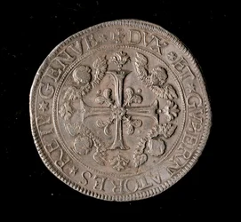 Měna Republiky genů: stříbrná mince pět Ecus. Průměr 61 mm. 1693. Přední. Genes Musei di Strada Nuova