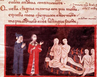 Dante et Virgil obklopen násilníky (píseň 14 z pekla, v Božské komedii) - miniatura 14. století