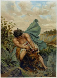 David bojující proti lvu v „Zlaté klasické Bibli: Historie božského zjevení ve starověku a v novém úsilí“ od Giovanniho Ladislao Sykory (sv. 1), přeložil Don Clemente Benetti. (italská bible)