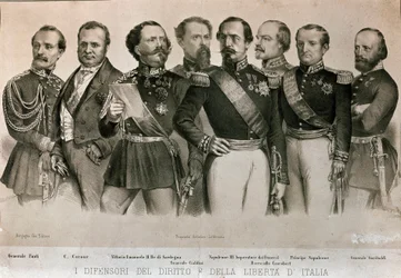Generál Manfredo Fanti (1806-1855), Camillo Benso, hrabě z Cavour (1810-1861), král Sardinie Vittorio Emanuele II (Victor Emmanuel) (Victor Emmanuel), generál Henry Cialdini (1811-1892), E