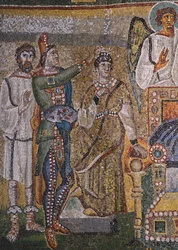 Detail z výjevů z prvního příchodu Krista a Ježíšova dětství, mozaika triumfálního oblouku baziliky Santa Maria Maggiore, Řím, Itálie, 5. stol.