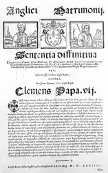 Dokument prohlašující papežův rozsudek o platnosti sňatku Jindřicha VIII. a Kateřiny Aragonské, 1534 (tisk)