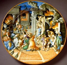 Aeneas a jeho otec Anchísés během požáru Tróje. Keramický talíř z Urbina. Kolem roku 1560. Národní muzeum Bargello, Florencie
