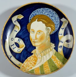Fajánsový pohár „Lionora Bella“ vyrobený v Casteldurante. 16. století. Écouen, Musée national de la Renaissance