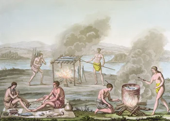 Floridští indiáni připravující a vařící jídlo, c.1820