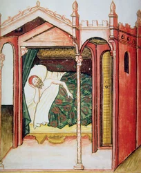 Fol.101r The Insomniac, ilustrace z Tacuinum Santiatis Codex Vindobonensis