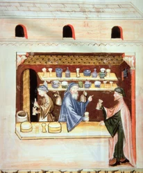 Fol.53v Příprava a prodej tymiánu, ilustrace z Tacuinum Santiatis Codex Vindobonensis