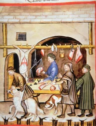 Fol.72v The Butchers: Selling Mutton, ilustrace z Tacuinum Sanitatis