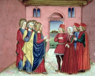 Fol.89R Farizeové představují Kristu ženu přistiženou při cizoložství (vellum)