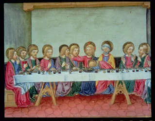 Fol.99v Při poslední večeři Kristus oznamuje, že ho jeden z apoštolů zradí (vellum)