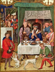 Fol 1v Měsíc leden: Bohatý pán u stolu, z Breviarium Grimani, kolem 1515