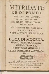 Frontispis z rané kopie opery Mitridate, re di Ponte Wolfganga Amadea Mozarta, 1770.