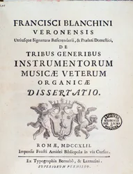 Frontispiece díla "" od Tribe Instrumentorum Musicae Veterum"" o starých hudebních nástrojích od Francesca Brea
