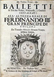 Frontispis partitury Balletti a tre, opera III Tomaso Albinoni (1671-1750)