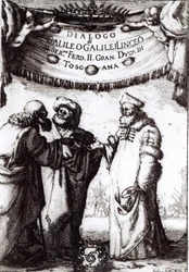 Frontispis k dialogu o dvou největších systémech světa od Galilea, vydaný v roce 1632