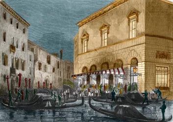 Gondoliéři čekající na diváky před Teatro La Fenice, Benátky, Itálie, z Le Monde Illustre č. 564, 1868