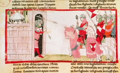 Guelfové brání Ghibellinám v opětovném vstupu do města, miniatura z Kroniky (kroniky) od Giovanniho Villaniho, rukopis, Itálie 14. století.