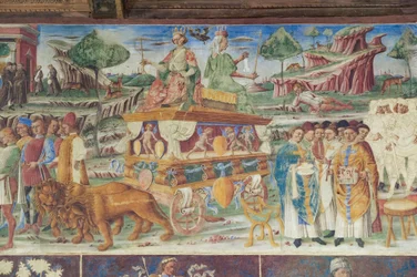 Hall of the Months, Northern Wall: "Červenec" s triumfem Jupitera a Cybele, cca 1468-70 (freska)
