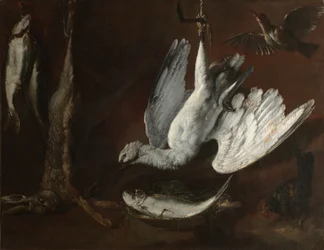 Jänis, lusikkanokka ja kala, 1600-luvun puoliväli (öljy kankaalle)