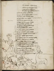 Harley 2453, f.55 Lovecká scéna s kancem, jelenem, lovci, psy a zajícem, z 