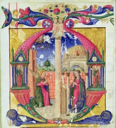 Historická iniciála „M“ zobrazující Zvěstování, kolem 1475 (vellum)