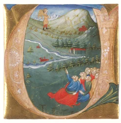 Historická iniciála zobrazující Elizea v Eliášově plášti, vystřižená z antifonáře, kolem roku 1440 (tempera a zlatý list na pergamenu)
