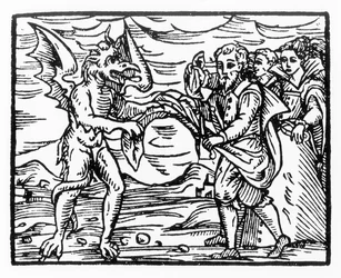 Pocta ďáblovi, kopie ilustrace z Compendium Maleticarum od P. M. Guaccius, Milán 1608, použitá v Historii magie, vydané koncem 19. století