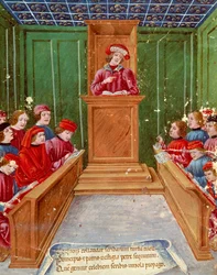 Humanismus: “”Výuka notářského práva na univerzitě v Bologni”” Miniatura z rukopisu z 15. století Museo Civico, Bologna